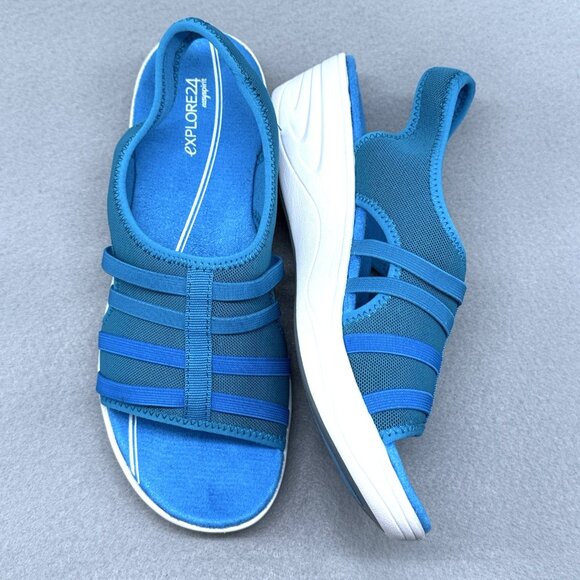 Womens Easy Spirit Sandals Blue Stretchy Sling Back Wedge Misty Day Sz 8.5 Wide - Picture 2 of 9